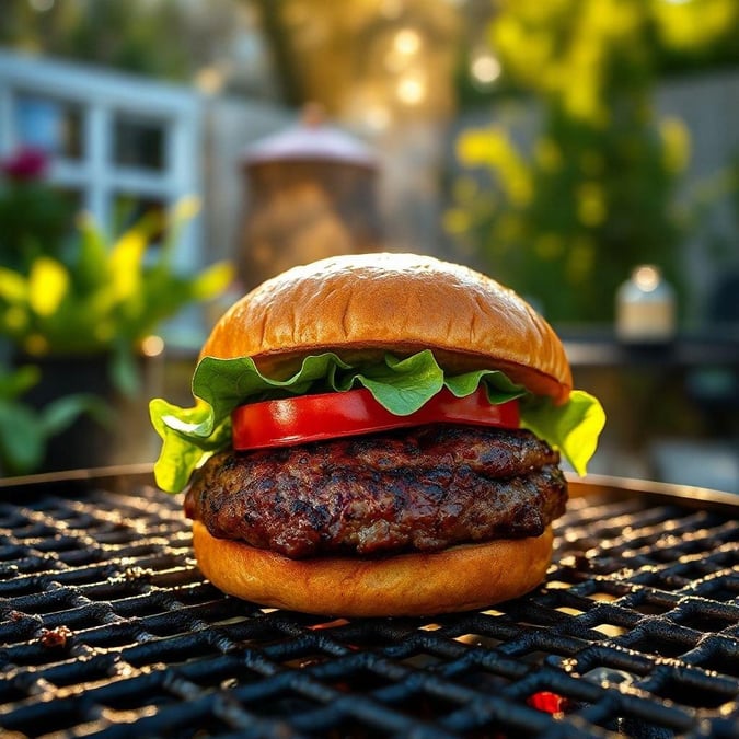 A mouth-watering grilled burger on the barbecue, ready to be savored.