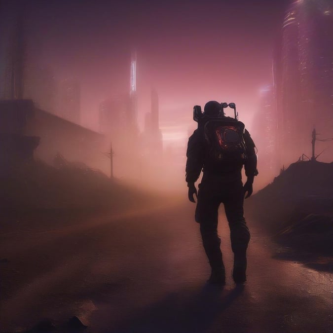 A lone figure, possibly an astronaut or adventurer, strides through a futuristic city under the glow of neon lights. The misty air and dystopian architecture hint at an alternative reality. The vibrant neon hues contrast with the desolate atmosphere, creating a sense of solitude in the bustling metropolis.