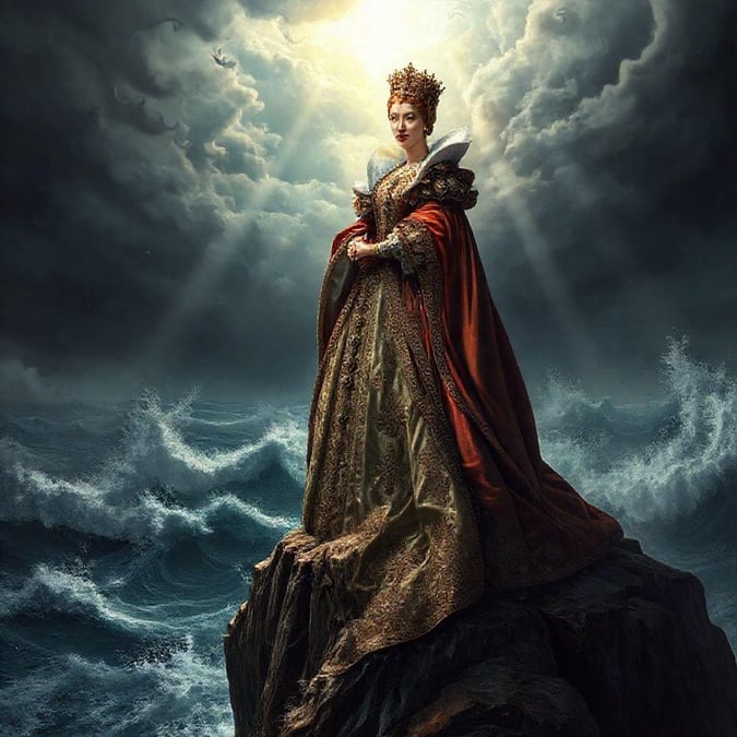 This stunning wallpaper features Queen Elizabeth II standing regally on a cliff overlooking the vast ocean. The image captures the queen's elegance and poise as she gazes out at the breathtaking view.