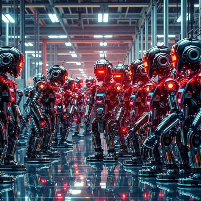 The age of robotics has arrived, with a bustling factory showcasing the latest in automation.