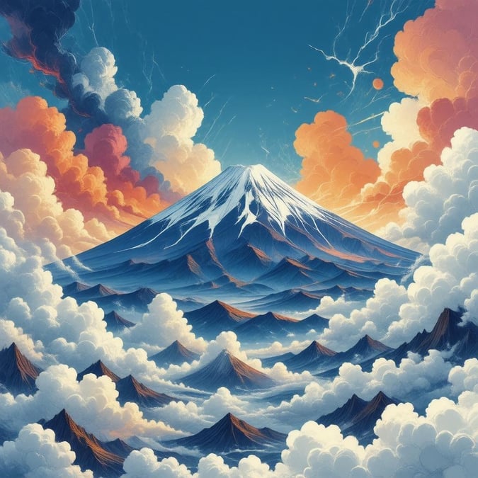 An anime-inspired scene of Mt. Fuji majestically towering over swirling clouds in a breathtaking, vividly colored landscape.