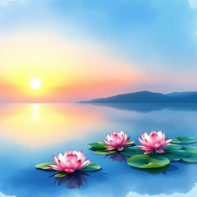 This digital art captures the tranquility of nature as the sun sets behind a mountain, reflected in the still waters of a serene lake where two vibrant lotus flowers bloom.