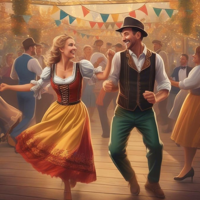 Celebrate the joy and cheer of the annual German festival with this lively couple enjoying a dance.