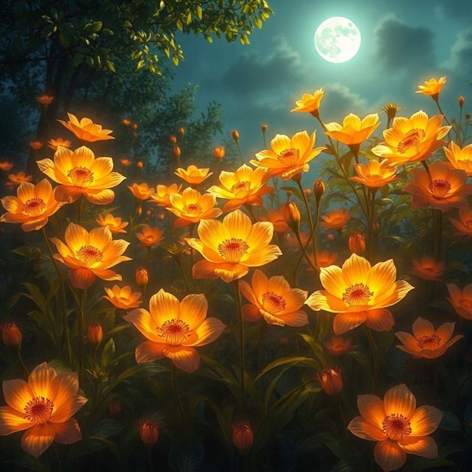 A serene nighttime scene with glowing flowers reaching towards the moon.