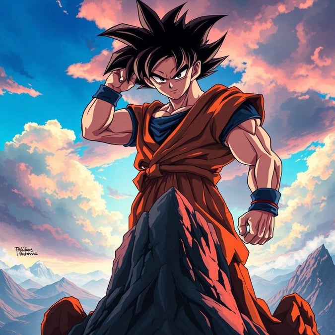 The iconic anime character Son Goku sits on a mountain peak, contemplating his journey ahead. The vibrant colors of the sunset in the background add to the serene atmosphere. Son Goku is known for his martial arts skills and determination to protect those he loves. A perfect wallpaper for fans of Dragon Ball Z.