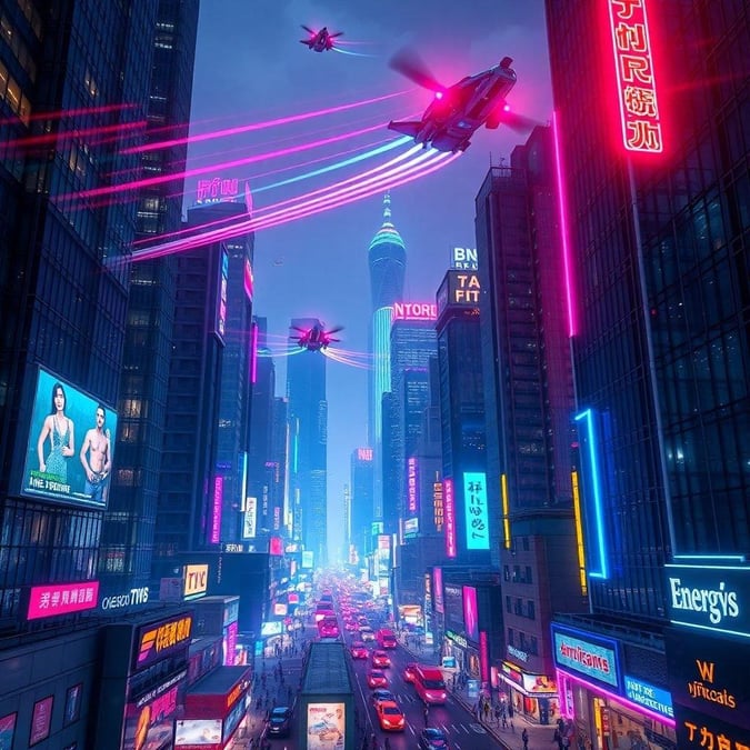 In this vibrant cityscape, futuristic neon lights illuminate the night as they cast an ethereal glow on towering skyscrapers. The streets are bustling with vehicles and pedestrians, adding a sense of life to the scene. Amidst the urban hustle, two helicopters perform stunt maneuvers that would make any action movie director proud.