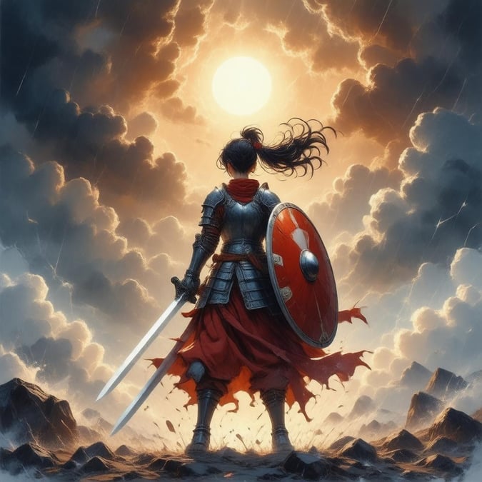 A shoujo warrior stands in a tempestuous battlefield, his shield gleaming under the sun's rays. A sword raised high, he embodies strength and resolve amidst the storm.