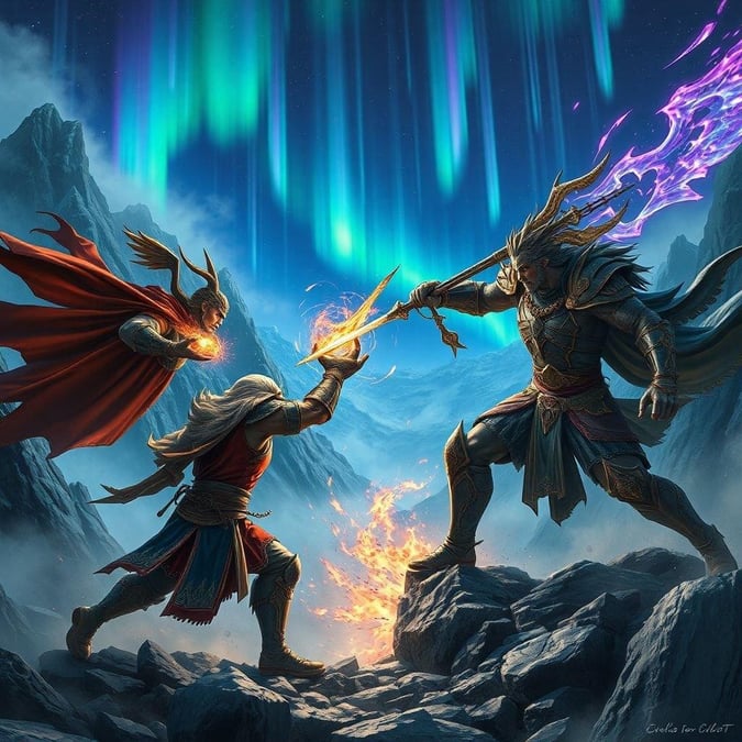 This epic fantasy scene captures the essence of adventure and mystique, featuring two legendary heroes locked in a fierce duel against the backdrop of a mesmerizing aurora-filled sky.