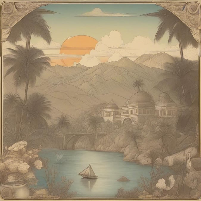 A serene tropical landscape with palm trees, a river, mountains in the distance, and a boat on the water. The sun is setting, casting a warm glow over the scene.