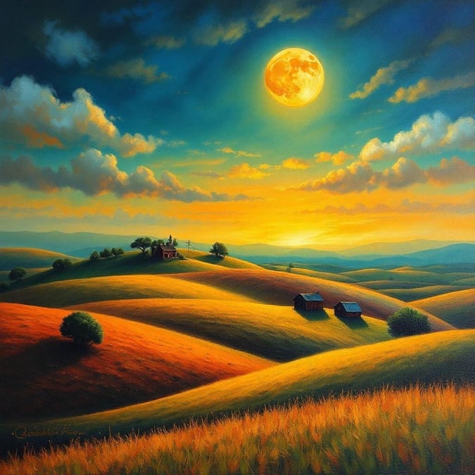 A serene landscape with golden hills, trees, and a house at sunset. The sky is adorned by a full moon, casting a warm glow over the scene.