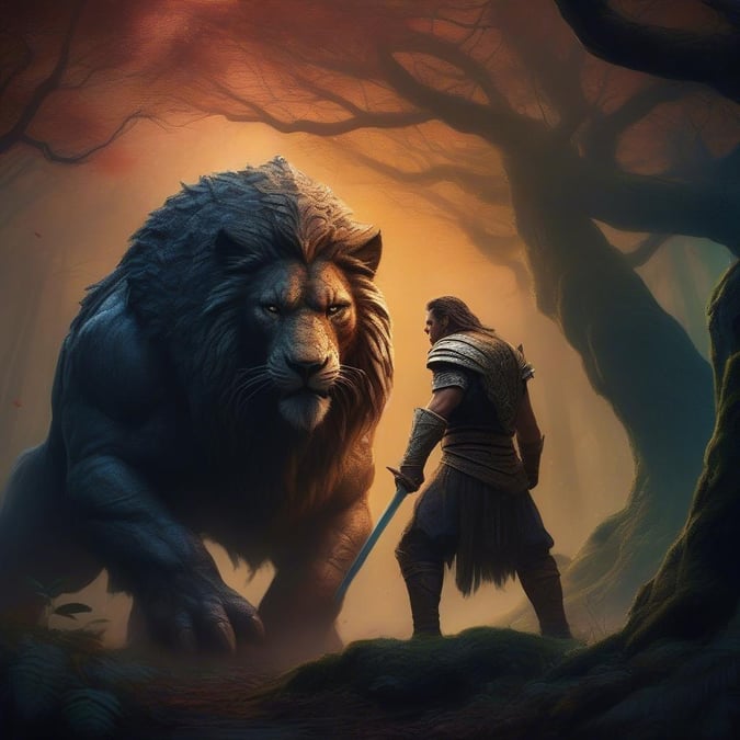 In the mystical forest, a brave sword master stands ready to defend against the majestic lion. The scene is one of epic proportions, with elements of fantasy and adventure. This image will make an excellent wallpaper for desktop or mobile use.