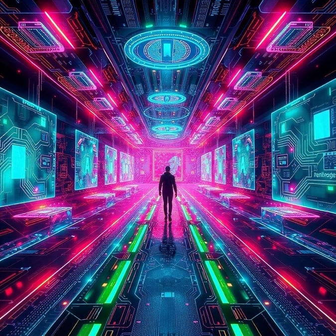 Immerse yourself in the vibrant world of technology with this stunning neon-themed wallpaper.