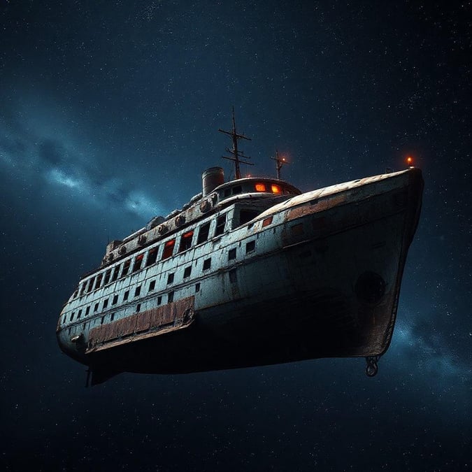 A vintage cruise ship floating among the stars, with a captivating sense of mystery and exploration.