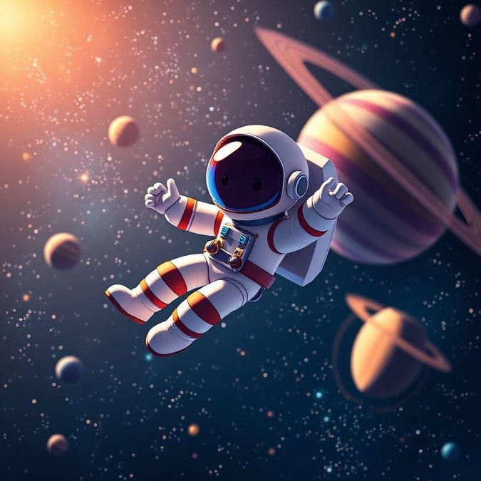 This image captures the thrill of space exploration as an astronaut floats through the cosmos, surrounded by the beauty of distant planets and stars.