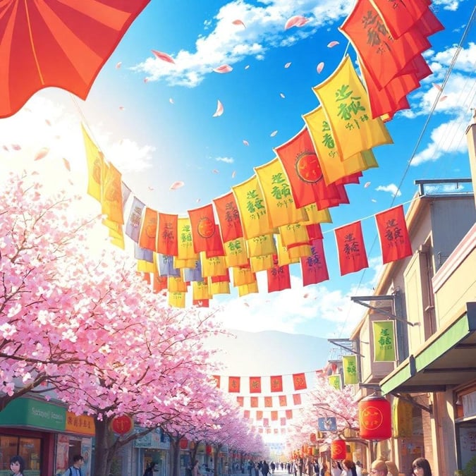 A vibrant anime-style image of koinobori flags strung across a bustling street, capturing the arrival of spring with a warm and colorful cityscape.