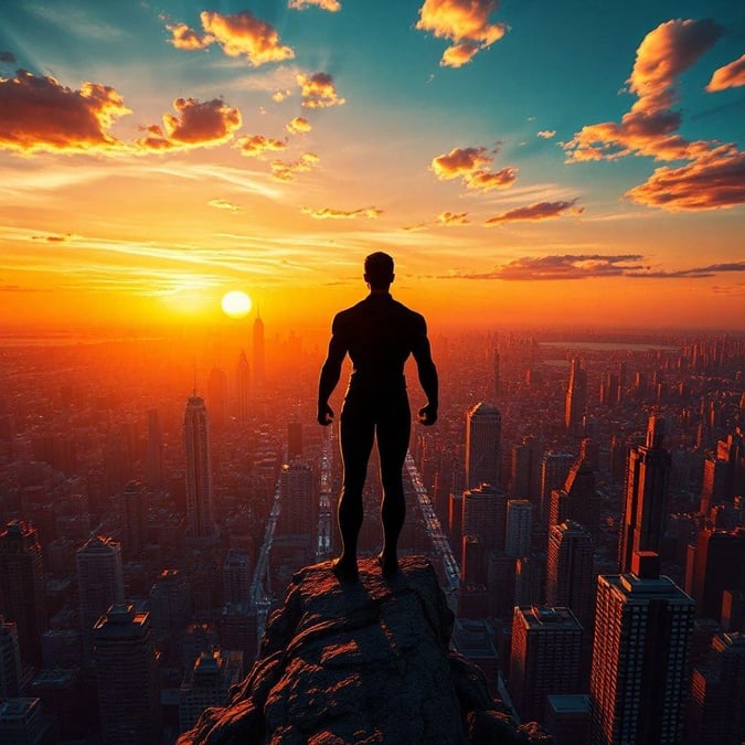 Witness the city from the highest peak, embracing the tranquility of the day's end. A solitary figure stands at the edge of the skyline, silhouetted against the radiant sunset.