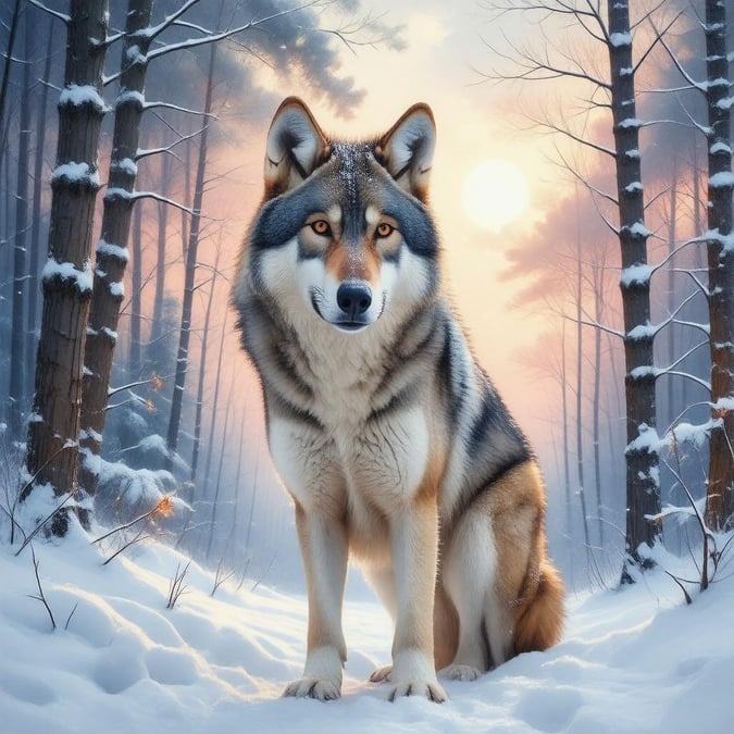 Immerse yourself in the serene beauty of a lone wolf standing tall in a snowy forest, set against a breathtaking pink and orange sky.