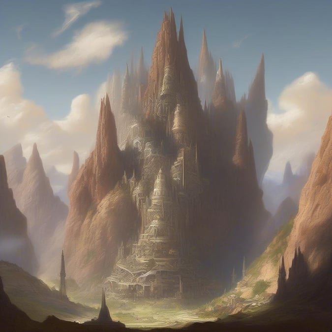 A majestic, otherworldly landscape featuring towering spires in the center, surrounded by mountains. The architecture hints at a civilization that has long since passed.