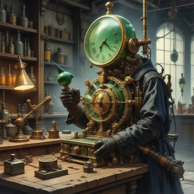 Step into the world of steampunk with this captivating digital illustration of an inventor hard at work in their laboratory. The intricate clockwork and machinery are a stunning green, with a large central clock face, a small sphere, and a small bird perched on it. The background is a blurry, mysterious room with a few shelves and a desk lamp, adding to the sense of intrigue and discovery.