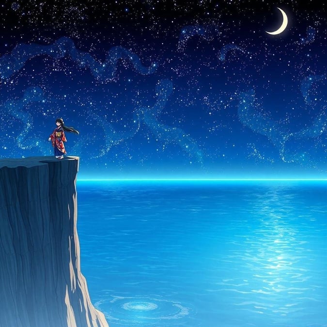 A serene anime scene featuring a woman in a stunning kimono-like dress standing on the edge of a cliff, gazing out at the vast ocean below, surrounded by a starry sky and a crescent moon.