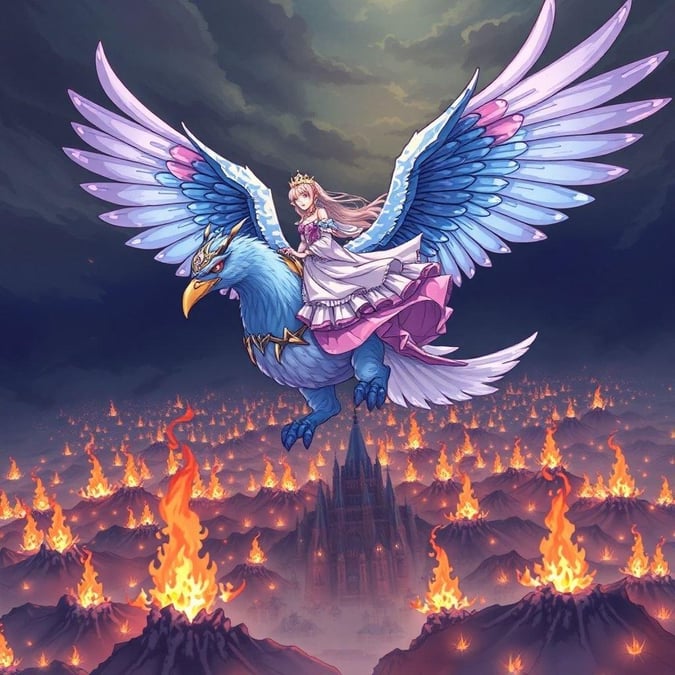 This anime wallpaper features a beautiful princess riding a giant griffin over a kingdom, set against a dark, eerie forest backdrop with flames.