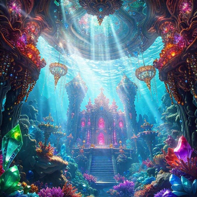 Immerse yourself in the beauty of this stunning underwater castle, where vibrant colors and intricate details come together to create a truly magical scene.