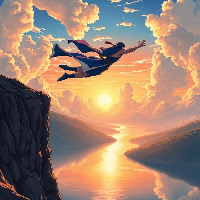 Experience the thrill of an anime ninja leaping from a cliff into a serene lake at sunset. The ninja's determined pose captures a moment of action, while the water below reflects the colors of the sky, creating a breathtaking scene.