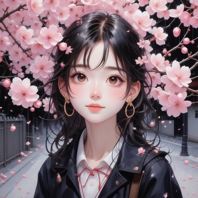 Immerse yourself in a dreamlike world with this anime girl surrounded by blossoming cherry blossoms, set against a dark background.