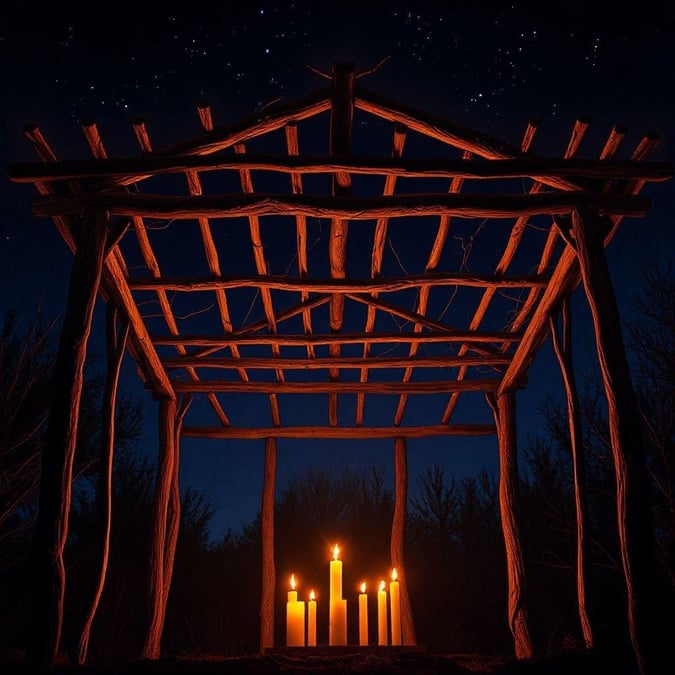 A cozy scene of a traditional wilderness temple lit with warm candlelight, embodying the spirit of the holiday season.