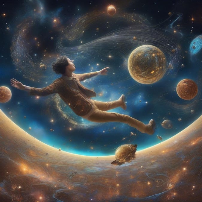 A person floats in space, surrounded by planets and stars.