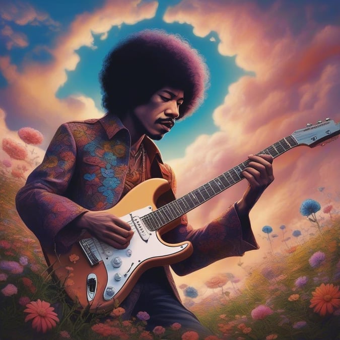 A surreal and dreamlike image of Jimi Hendrix playing guitar in the Garden of Eden.