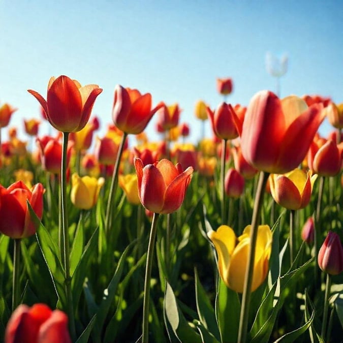 A lively scene from spring, with a vibrant field blooming with tulips in shades of red and yellow.