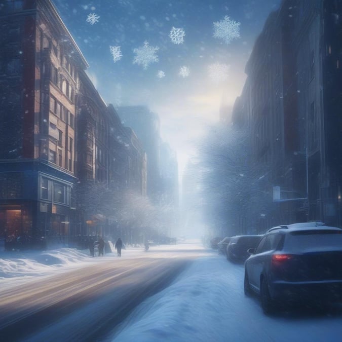 A festive winter scene with snowflakes falling on a city street lined with tall buildings.