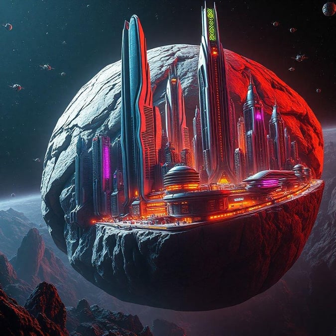 A breathtaking sci-fi landscape featuring a lunar base perched on an asteroid, with futuristic buildings and spacecraft soaring in the background.