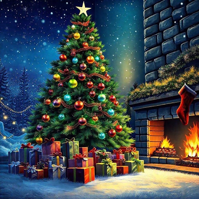 This festive wallpaper features a beautifully decorated Christmas tree standing tall by a cozy fireplace, creating a warm and inviting atmosphere perfect for the holiday season.