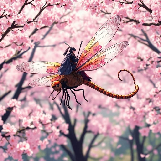 Immerse yourself in the vibrant world of anime with this stunning wallpaper featuring a samurai riding a majestic dragonfly amidst a cherry blossom forest.