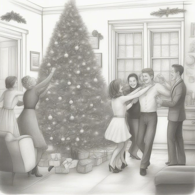 Family gathering around Christmas tree, enjoying holiday cheer with friends and loved ones.