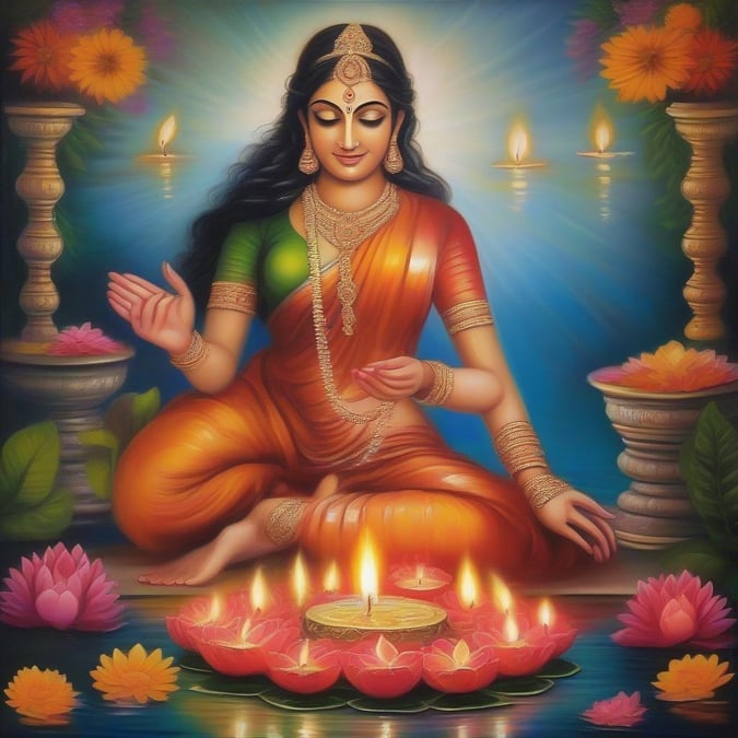 An illustration of the Hindu Goddess Saraswati, seated on a lotus flower, with her hand raised in an abhaya mudra, symbolizing protection and peace. She is adorned with traditional Indian jewelry and is bathed in the soft glow of candlelight during Diwali celebrations.