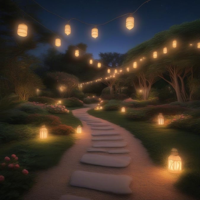 A serene path through a tranquil garden under the soft glow of lantern lights at dusk.