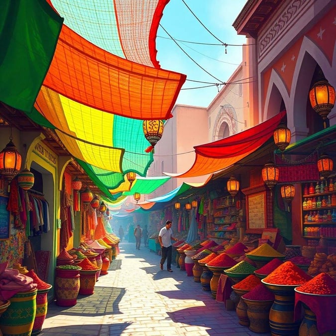 A bustling street market filled with colorful shops, laden with fresh spices and vibrant textiles.