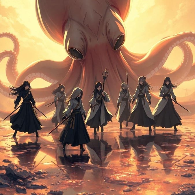 Experience the serene beauty of a group of ninja warriors sneaking past a giant squid in this captivating anime illustration. The peaceful fusion of women and a giant squid creates a unique and intriguing scene, with the mysterious figure in the center holding a staff. The warm light and anime-like atmosphere transport you to a world of wonder and adventure.