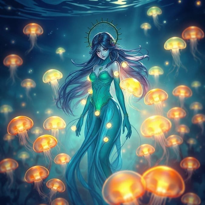 This enchanting anime-style illustration features an ethereal underwater goddess surrounded by glowing jellyfish, creating a captivating scene of tranquility.