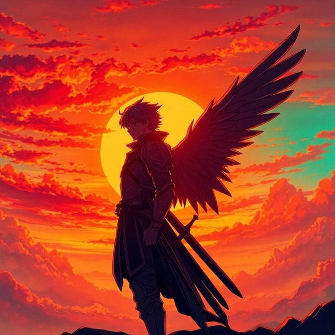 Cette illustration anime captivante présente un guerrier solitaire dos à dos avec une créature angélique ailée, sur fond d'un coucher de soleil flamboyant à couper le souffle. La silhouette du guerrier est rendue avec un fond bleu-vert, ajoutant une atmosphère de mystère et d'intrigue. L'illustration dégage un sentiment de tranquillité, se concentrant sur le regard ferme du guerrier.