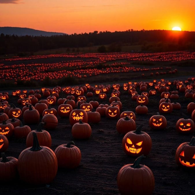 Glowing jack-o'-lanterns on the farm at sunset. A field of orange pumpkins and the warm glow of a setting sun at harvest time.