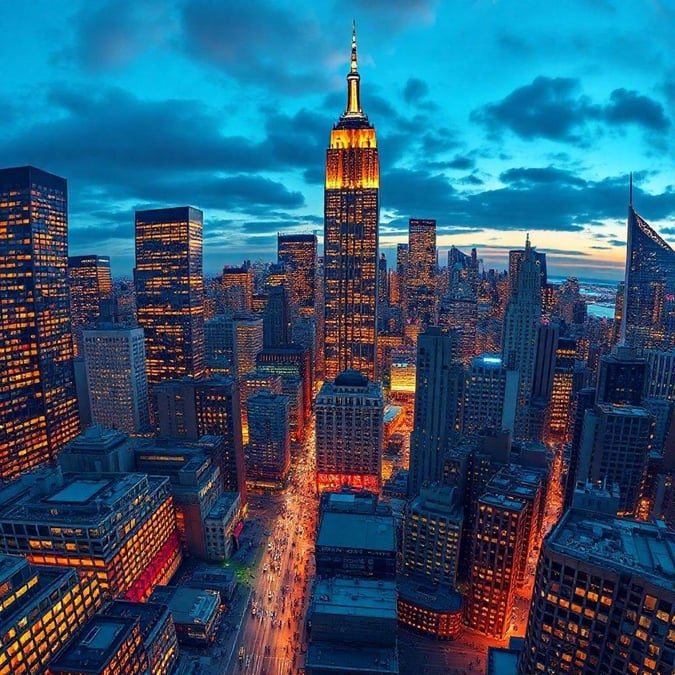 This stunning image captures the iconic New York City skyline, showcasing the city's vibrant energy and architectural grandeur. The towering skyscrapers and bustling streets come alive at dusk, creating a breathtaking scene that embodies the essence of urban life.