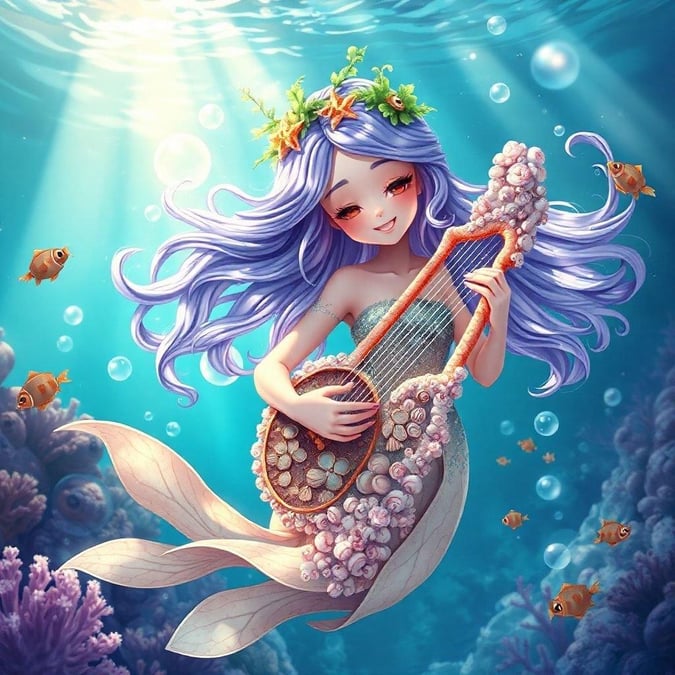 Immerse yourself in the enchanting world of anime with this captivating wallpaper featuring a water nymph playing a lyre underwater. The delicate coral and shells that make up the lyre are intricately designed, capturing the essence of the underwater environment.