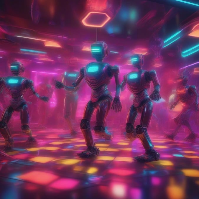 A dynamic scene where robotic dancers are captured mid-performance on a vibrant dance floor, embodying the rhythm of the digital age with their stylized dance moves. The bright neon lights and pulsating music add to the futuristic ambiance, making it an ideal wallpaper for those who love the fusion of technology and creativity.