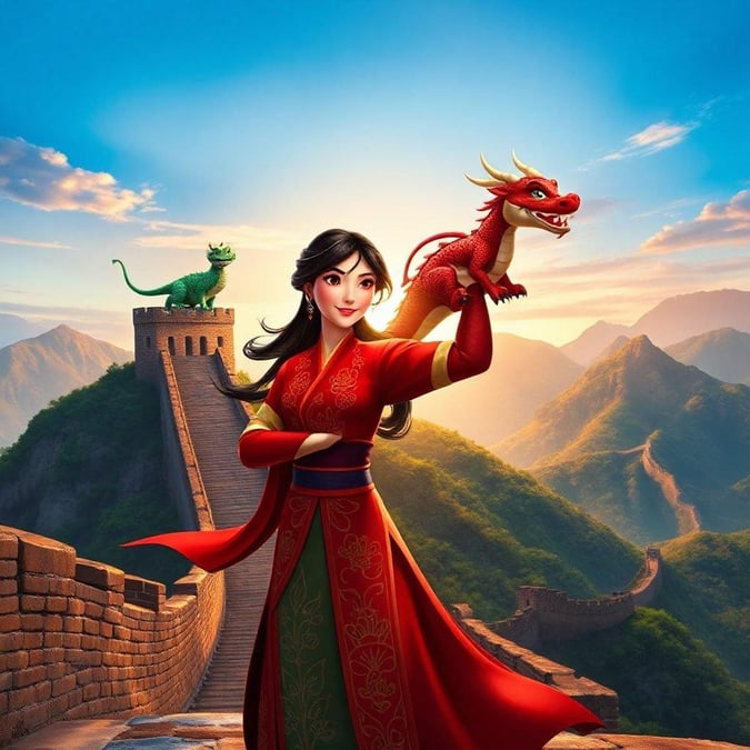 Join Moana, Disney's adventurous heroine, as she explores the mystical lands beyond her own. Experience the wonder and excitement of discovering new places and cultures while making a new friend - a majestic dragon that seems to be in need of help. This wallpaper captures a moment of connection between Moana and the dragon, set against the breathtaking backdrop of an ancient Chinese wall.