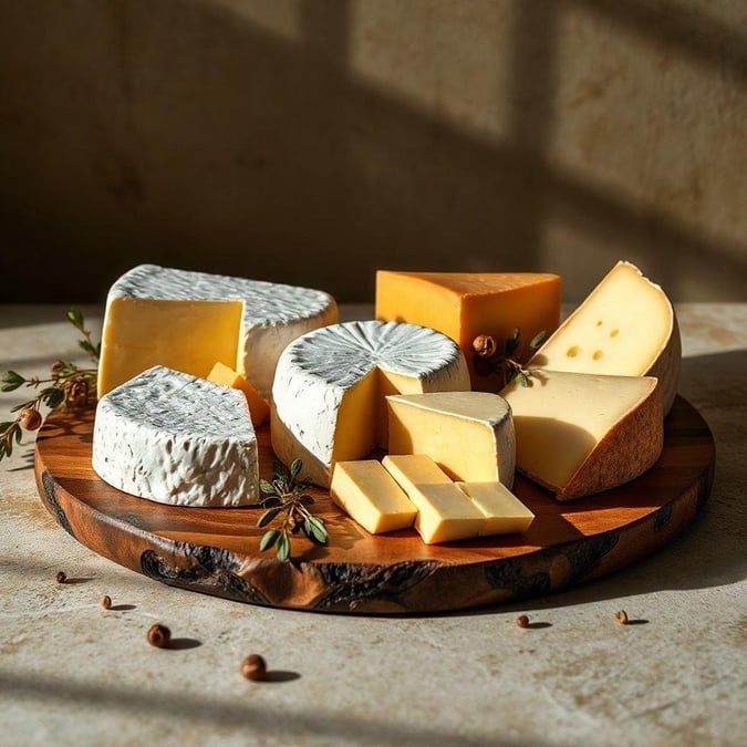 Indulge in a delightful assortment of artisanal cheeses, carefully curated for your culinary pleasure.