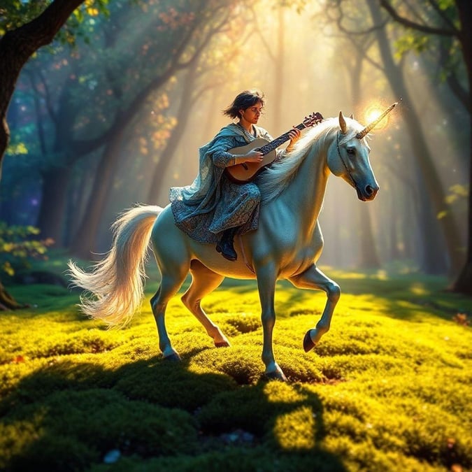 This fantasy wallpaper features a woman riding a unicorn in a forest, perfect for desktop and mobile use.